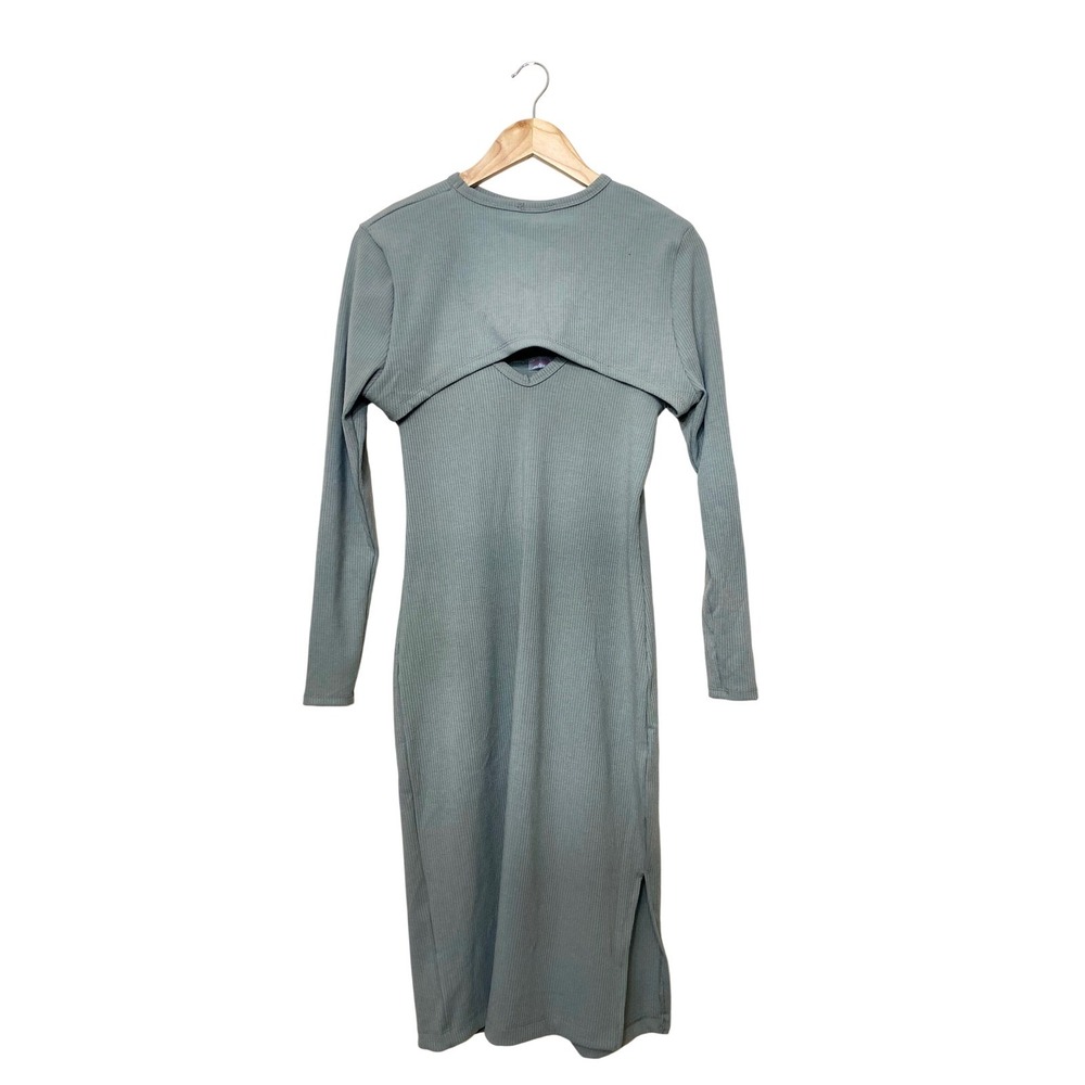 Free Movement Ribbed‎ Midi Dress and Shrug Set Sage Green Medium